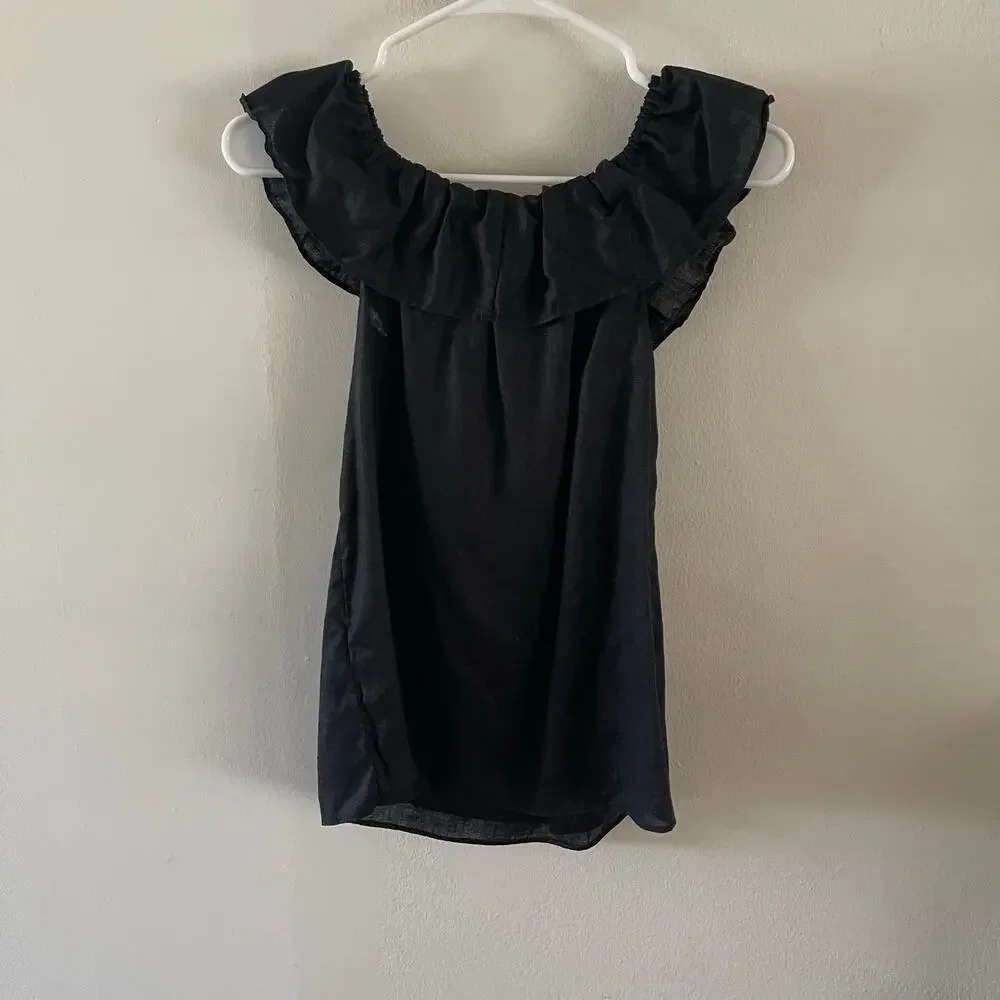 J. Crew Black Linen Ruffle Off Shoulder Flounce Sleeveless Blouse Womens XS